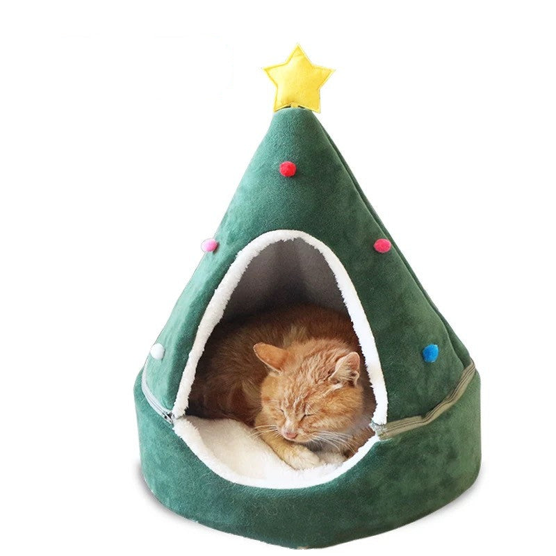 Christmas Tree Cat Bed Warm & Soft Holiday Pet Cave