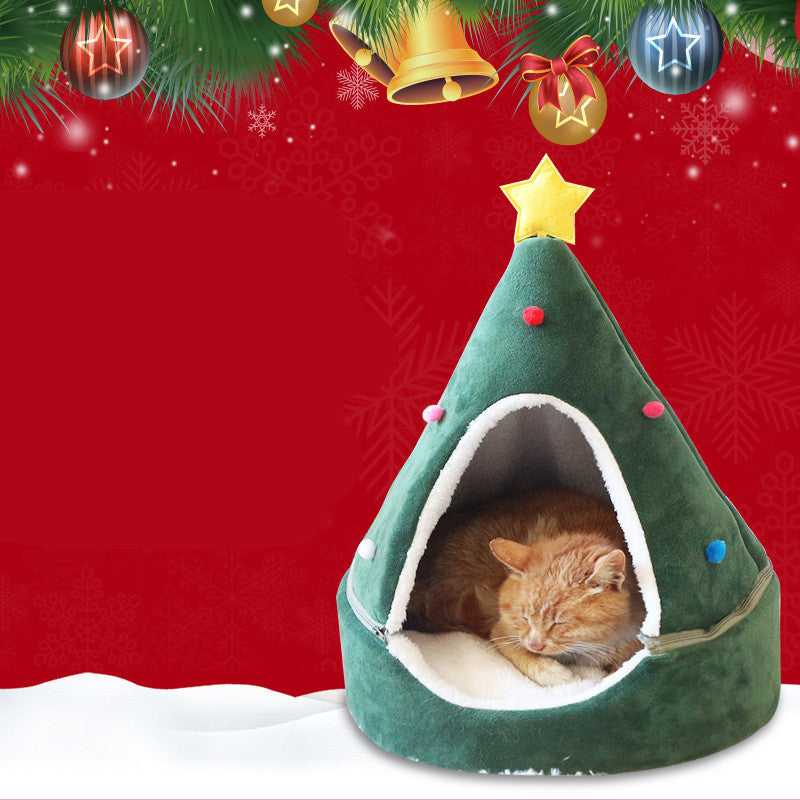 Christmas Tree Cat Bed Warm & Soft Holiday Pet Cave